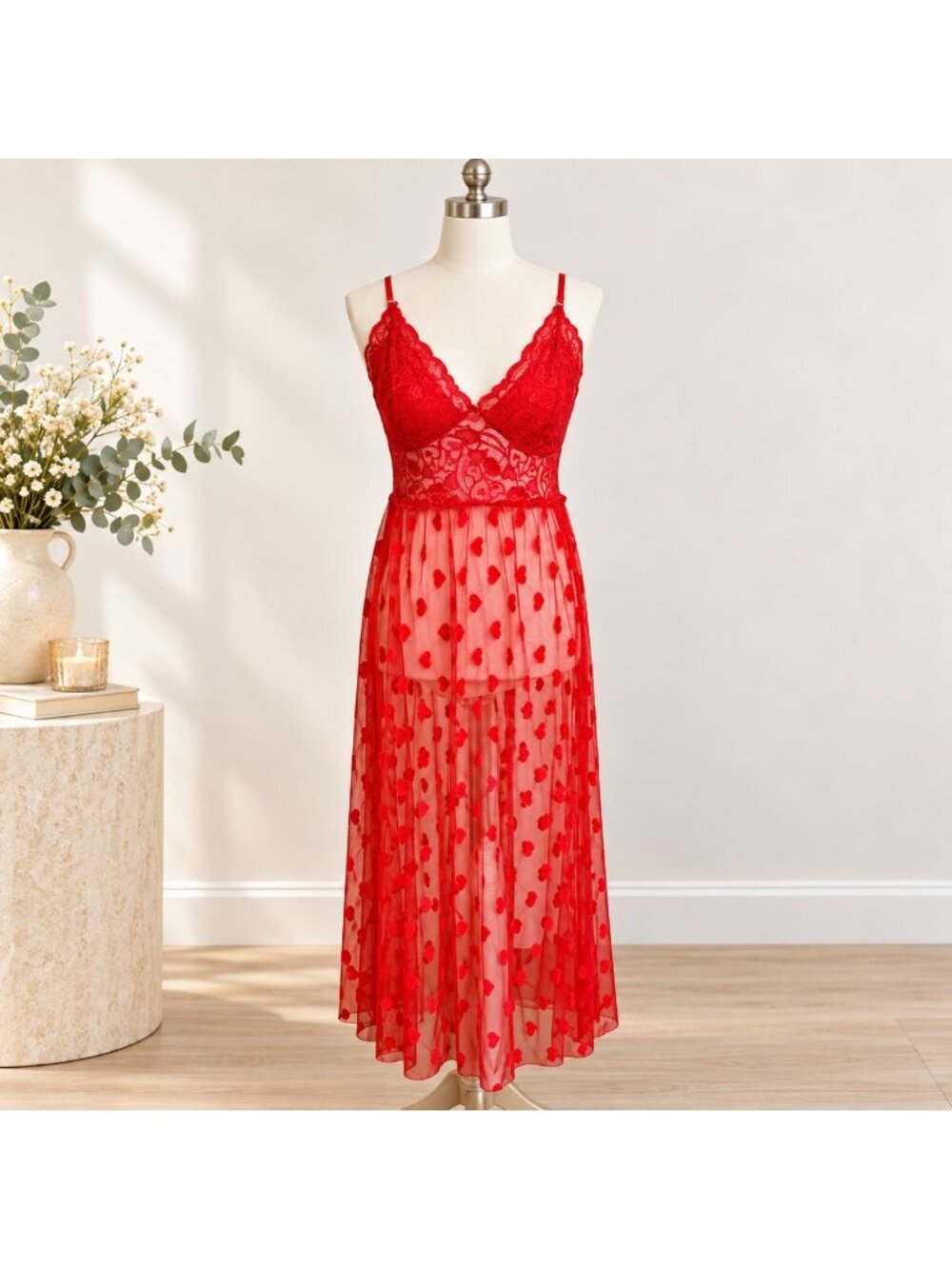 Red Sheer Lace Lingerie Nightie Size S Raised Heart Mesh Coquette Babydoll Long